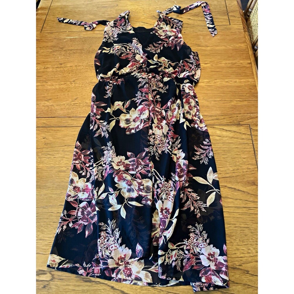 soieblu Women's Black Floral Tie Strap Sleeveless Midi Dress Regular L